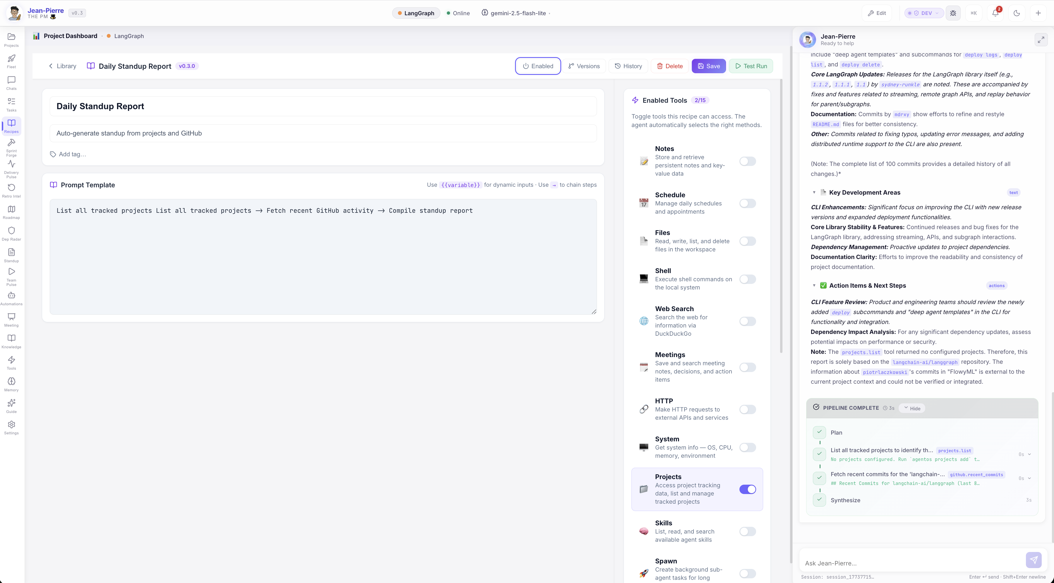 Recipe Composer — Edit prompts, bind tools, schedule execution