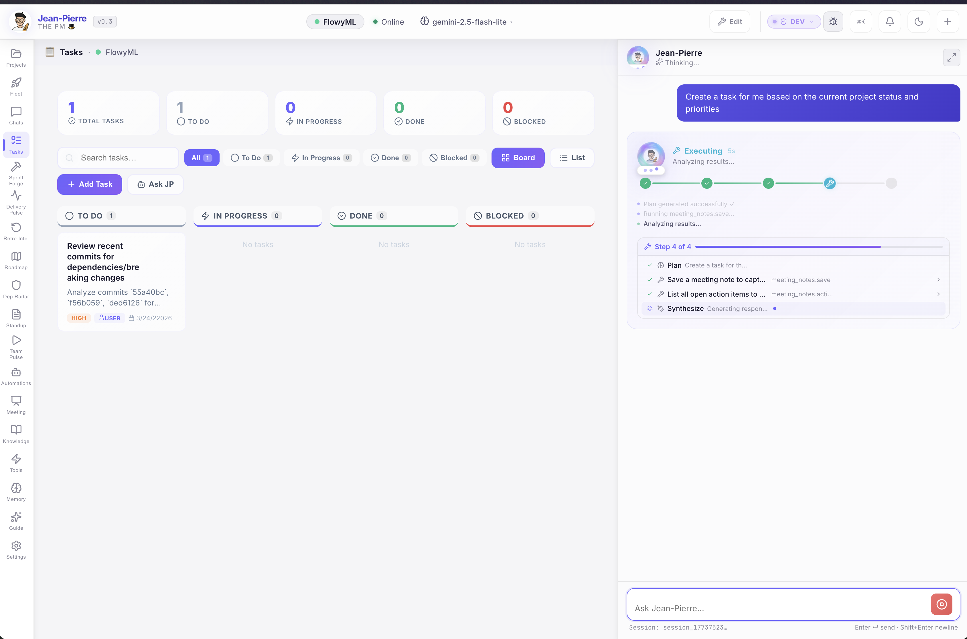 Tasks — Kanban board with AI-driven task creation